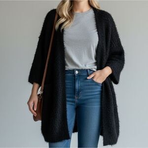 Women's Black Fuzzy Open Front Cardigan Sweater